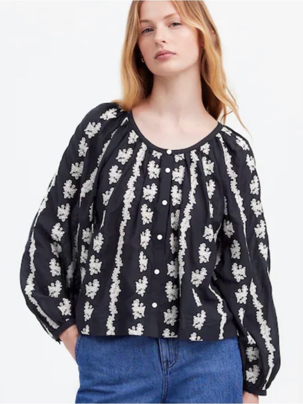 Madewell Embroidered Puff Sleeve A-Line Top Size S Black and White